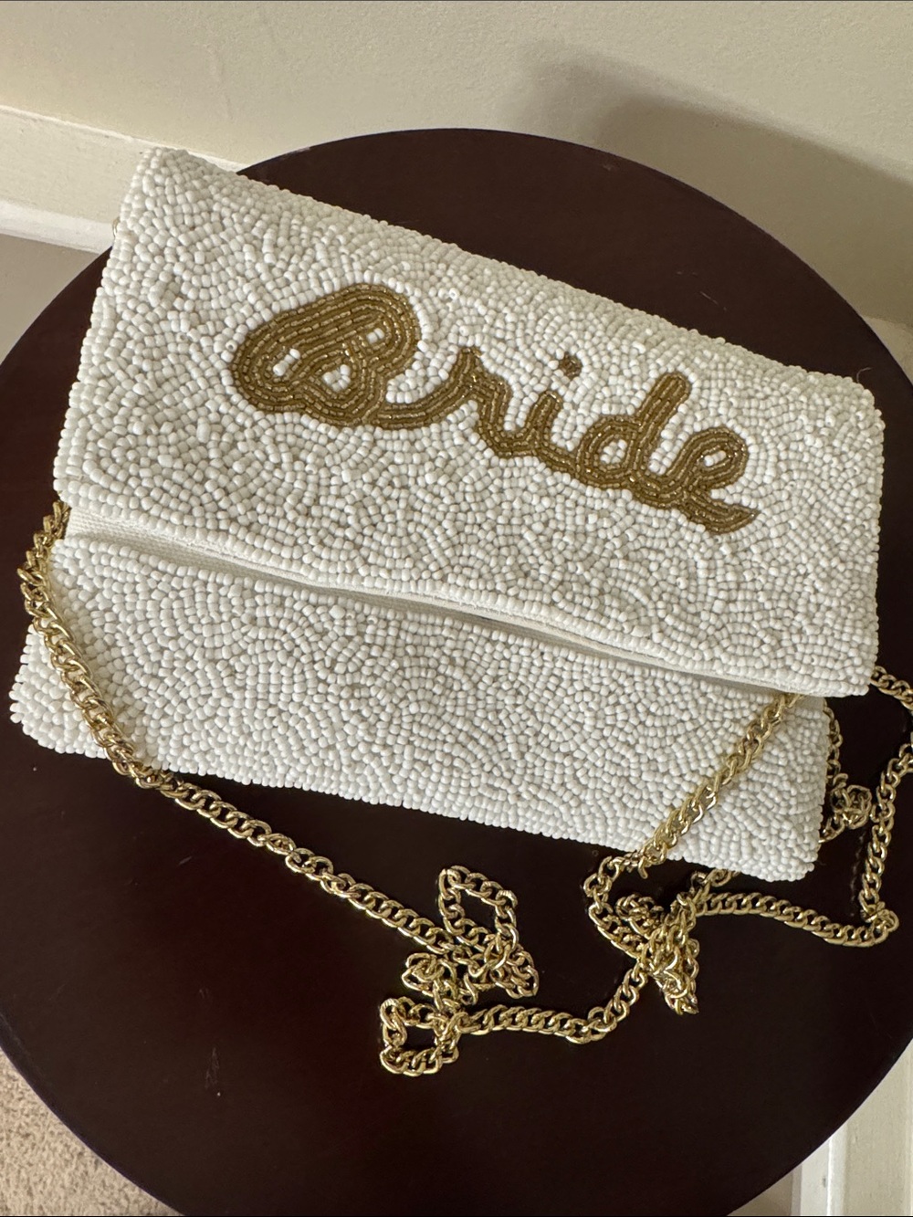 Beaded White 'Bride' Crossbody Clutch with Gold Chain